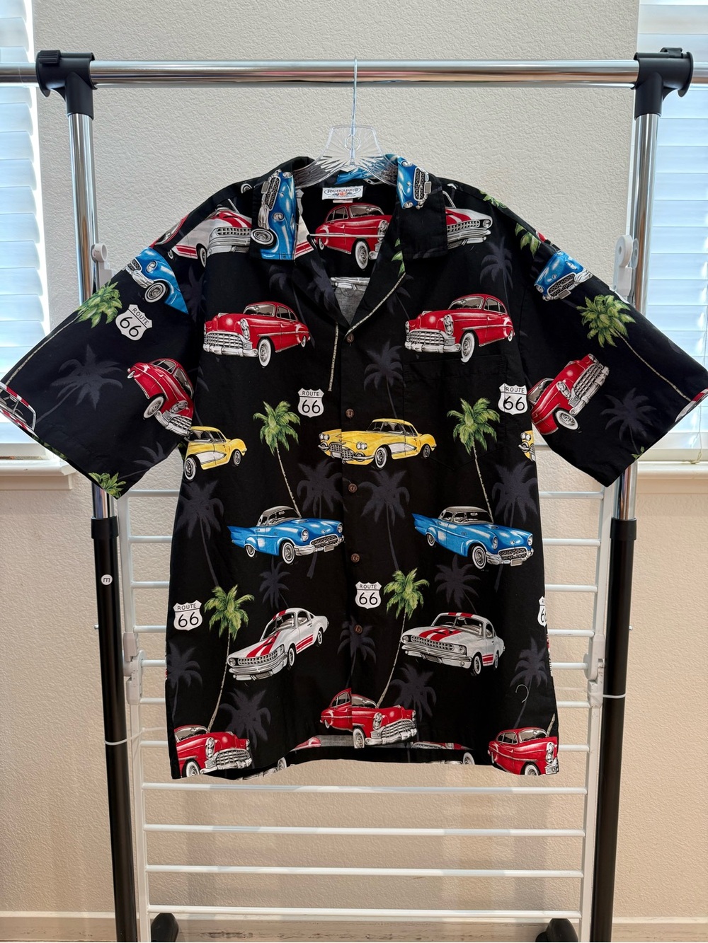 Pacific Legend Apparel Black Vintage Car Print Short-Sleeve Button-Down USA made